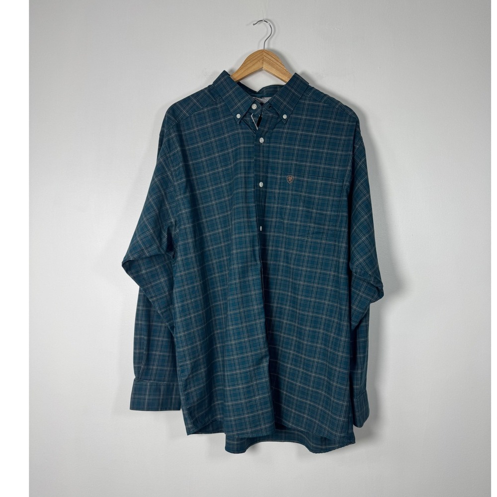 Western Ariat Mens XL Pro Series Shirt Teal Plaid Stretch Long Sleeve Button Up